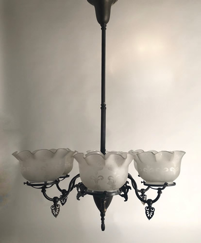 6-light Gas Chandelier with Art Nouveau Gas Shades